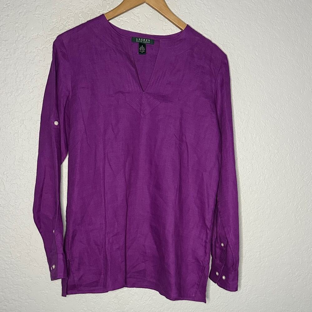Ralph Lauren 100% Linen Purple Tunic Long Sleeve Roll Tab Sleeve Jewel Tone